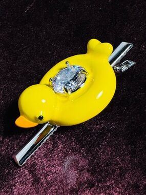 Bright Yellow Duck Hair Clip with Clear Gem Accent